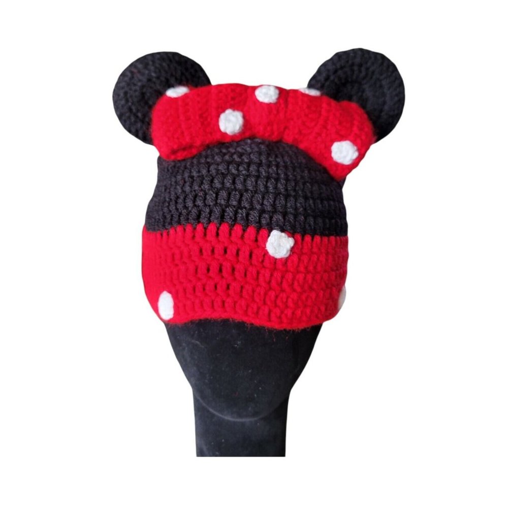 Minnie Mouse Crocheted Hat with Bow Polka Dot, Ears 16" Childs Beanie Cap EUC